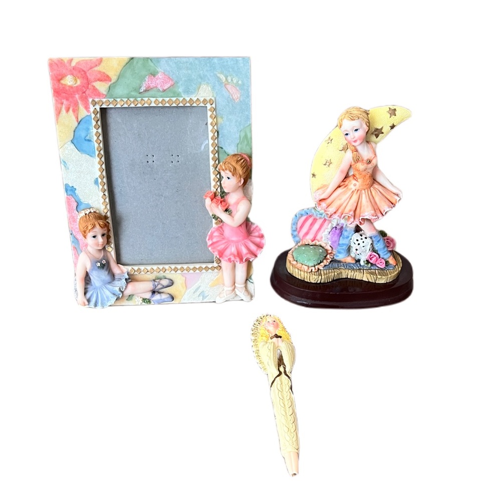 Alabaster Ballerina Picture Frame / Ballerina Moon Dog Figurine / Avon Angel Pen